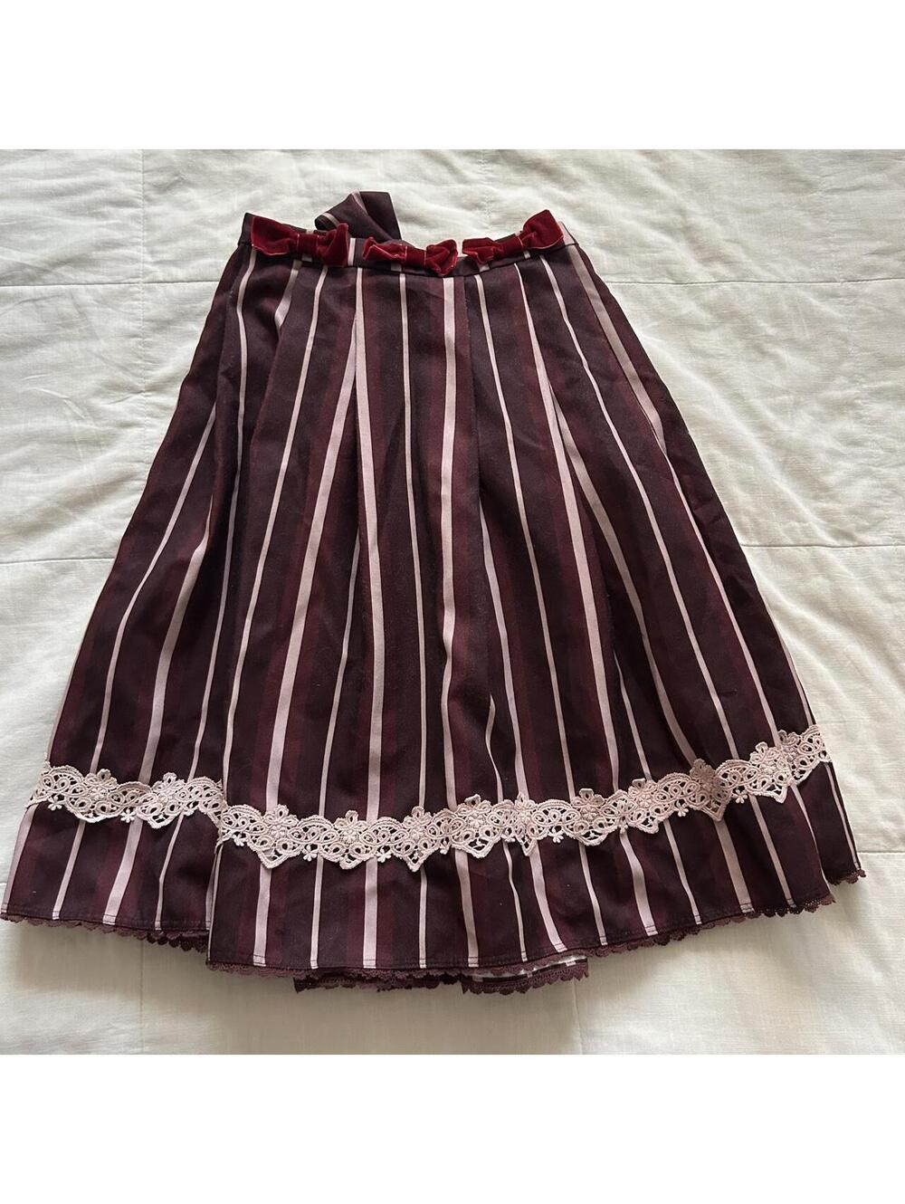Axes Femme Burgundy Pink Striped Pleated Midi Skirt Velvet Bows Lace Trim Japan
